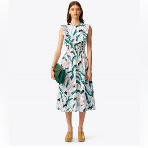 TORY BURCH SMOCKED PRINTED MIDI DRESS in Ivory Desert Bloom Size 6 NWOT